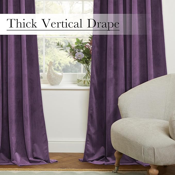 StangH Lavender Velvet Curtains 96 Inches Long, Room Darkening Soft Drapes for Bedroom, Thermal Insulated Window Treatment for Living Room, Rod Pocket Back Tab, W52xL96 inch, 2 Panels