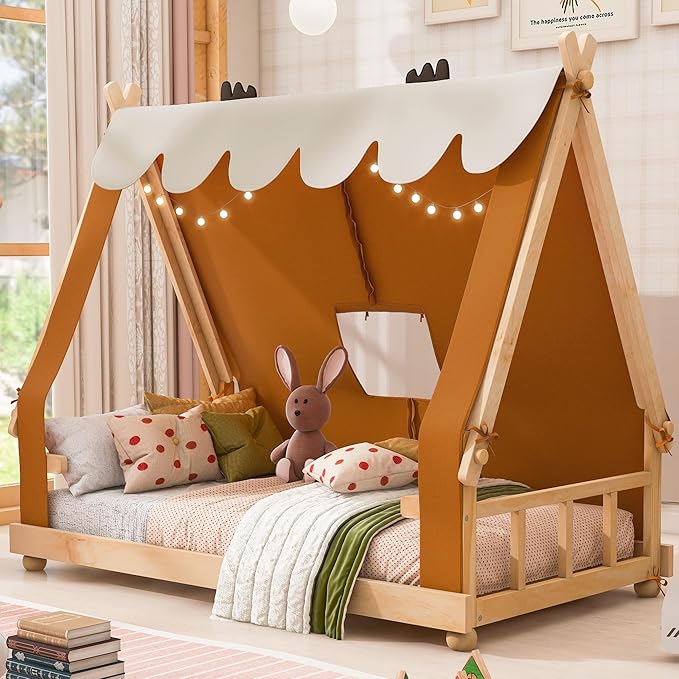 Twin House Bed for Kids with Light and Tent, Montessori Floor Bed Twin for Kids Girls Boys Teens Bedroom, Brown