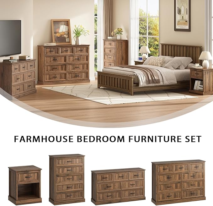 CARPETNAL Farmhouse Dresser and Nightstand Sets for Bedroom, 3 Pcs Bedroom Set, 8 Drawer Dresser & Nightstand Set of 2, Modern Wood Chest of Drawers for Bedroom, Living Room, Entryway, Brown