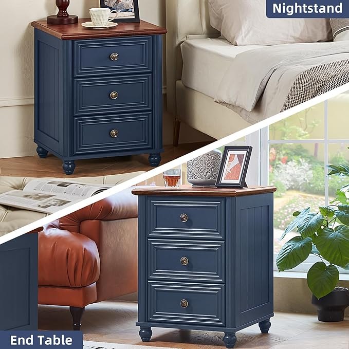 18" Farmhouse Night Stand Set of 2, Blue Wood Nightstand with 3 Drawers, Bedside End Table with Storage and Roman Column, Bed Side Tables Cabinet for Bedroom, Living Room, and Closet