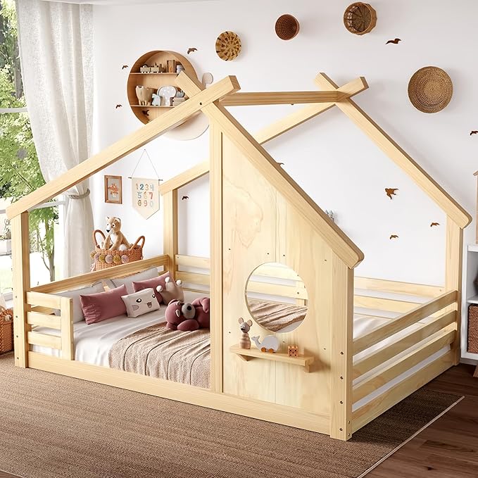 SOFTSEA Full Size Floor House Bed with Roof, Solid Wood Montessori Bed Frame with Slats and Guardrails, Kids Playhouse Floor Bed for Boys Girls, No Spring Box Needed, Natural