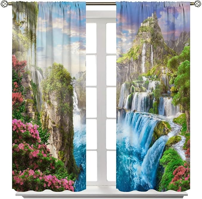 Forest Waterfall Blackout Curtain, Watercolor Tropical Jungle Waterfall Spring Flower Natural Scenery Pattern Window Drapes, for Bedroom Living Room 42" W X 63" L