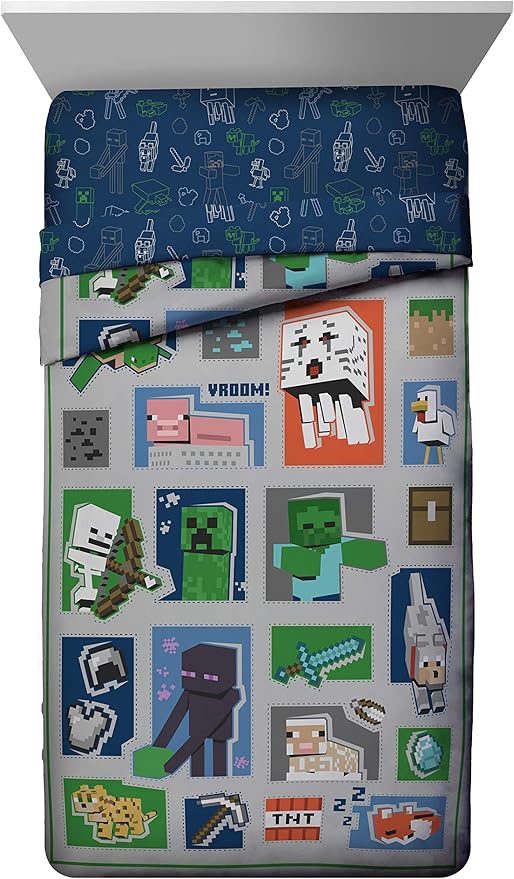 Jay Franco Minecraft 5 Piece Twin Bedding Set - Includes Reversible Comforter, Sheets and Pillowcases - Features Creeper, Ghost, Zombie and Enderman