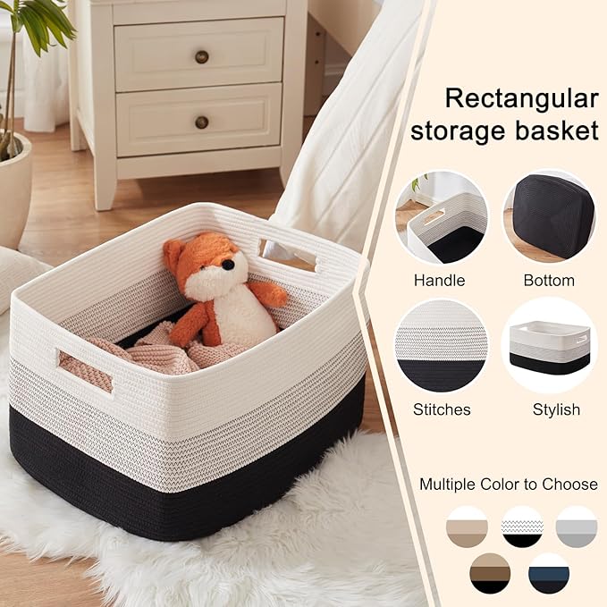 OIAHOMY Large Blanket Basket, 22”x17”x12” Rectangle Woven Baskets, Nursery Blanket Storage Living Room, Toy Storage With Handle, Large Baskets for Organizing-Gradient Black