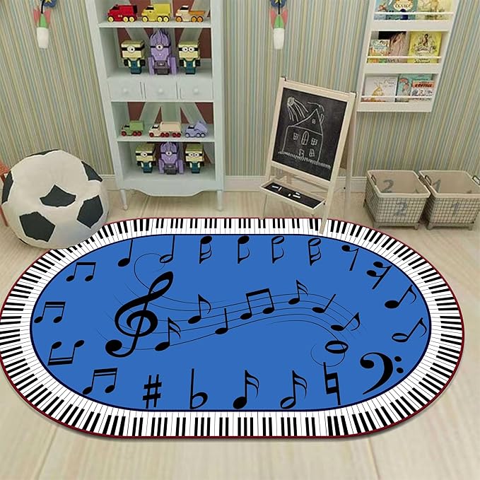 Kids Piano Music Area Rug, 3x4ft, Black and White Keys Musical Notes Design Rug, Music Classroom Decorative Floor Mats, Non-Slip Washable Indoor Carpet for Children's Bedroom Playroom Nursery