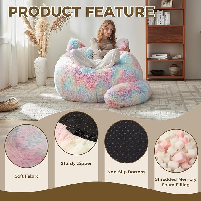Bean Bag Chair for Adults Teen,Giant Bean Bag Chairs Cat Design,Plush Faux Fur Beanbag Couch Comfy Accent Floor Sofa for Reading, Playing, Relaxing in Living Room, Bedroom