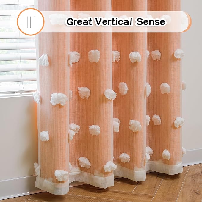 MYSKY HOME Orange Curtains for Bedroom 54 Inch Long Double Layer Curtains for Kids Room Kithen White Pom Pom Sheer Nursery Curtains Grommet Room Darkening Small Window Curtains 2 Panels 52" x 54"