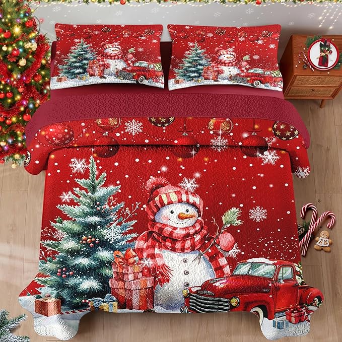 Christmas King Size Quilt Set, Red Cute Snowman Lightweight Bedspread Coverlet with Pillow Shams for Kids and Adults, Farmhouse Truck Snow 3 Pcs Bedding Bed Cover