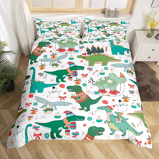 Feelyou Christmas Dinosaur Decorative Comforter Cover King Size Cartoon Snowman Duvet Cover Xmas Bow Snowflake Bedding Set Gifts for Kids Boys Girls 2 Pillow Cases