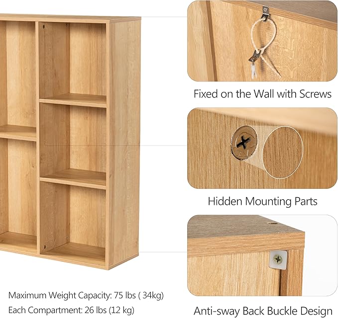 Bookshelf 9-Cube Storage Organizer, Sturdy Wooden Bookcase with Closed Back Panel, Multipurpose Display Shelf for Home Office, Bedroom, Study, 35.98" L x 9.45" W x 35.91" H, Natural Wood