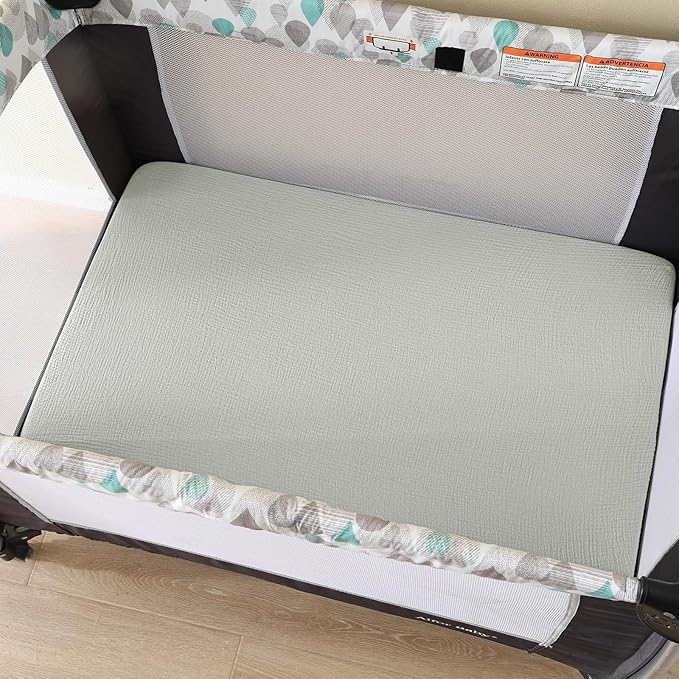 david's kids Muslin Mini Crib Sheets, 2 Pack Cotton Pack N Play Sheets for Boys Girls Neutral, Soft Breathable Baby Sheets Fit Pack N Play, Playard and Mini Crib Mattresses, Light Gray & Sage Green