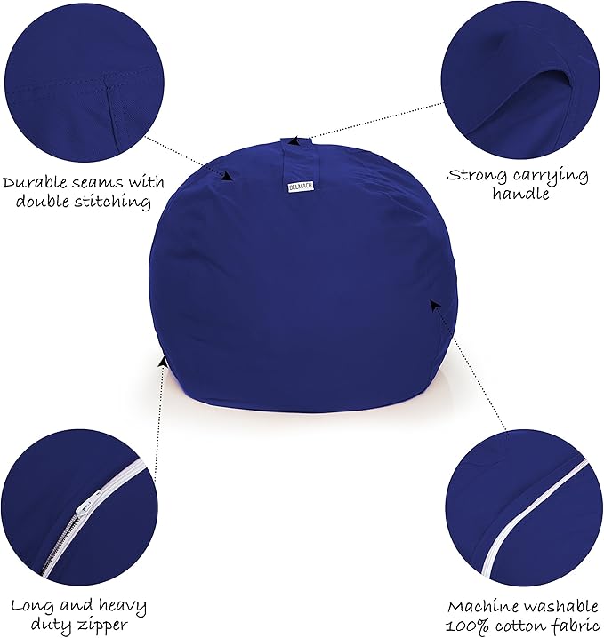 Bean Bag Chair Cover | Stuffed Animal Storage | 38" Width Extra Large | 100% Cotton Canvas | Double Stitched | Durable Zipper | Fill With Anything Soft | Beans not included