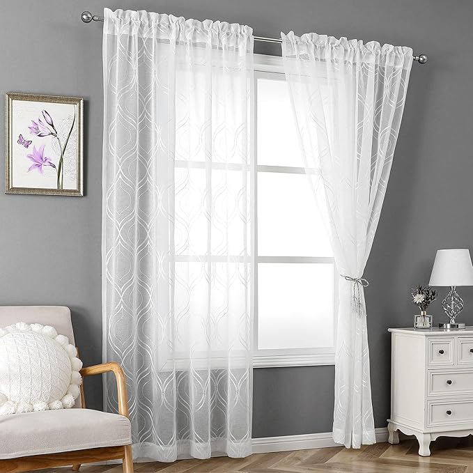 VISIONTEX White Sheer Curtains 120 Inches Long 2 Panels Set Moroccan Embroidered Curtains Trellis Decor French Textured Rod Pocket Voile Tulle Semi Window Drapes for Bedroom Living Room 54 x 120 Inch