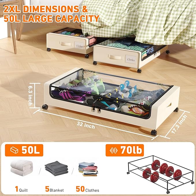 Under Bed Storage with Wheels, 2-Pack Under Bed Storage Containers with Clear Lids, XXL 60L Under the bed storage Organizer Bins, Rolling Under Bed Metal Drawer for Clothes,Shoes,Toys (White, 2 Pack)
