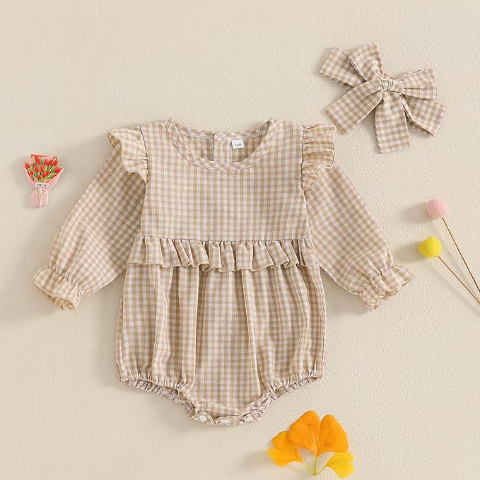 Karuedoo Newborn Baby Girl Clothes Gingham Plaid Bubble Romper Long Sleeve Ruffle Bodysuit with Headband Spring Fall Outfit