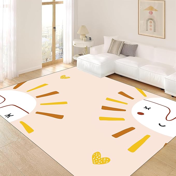 Children's Rug Living Room Plush Area Rugs Educational Rugs Soft Washable Non-Slip Rugs Simple Cute Sun and Love Prints Kids Room Nursery Decor Pink Rugs 2x5ft