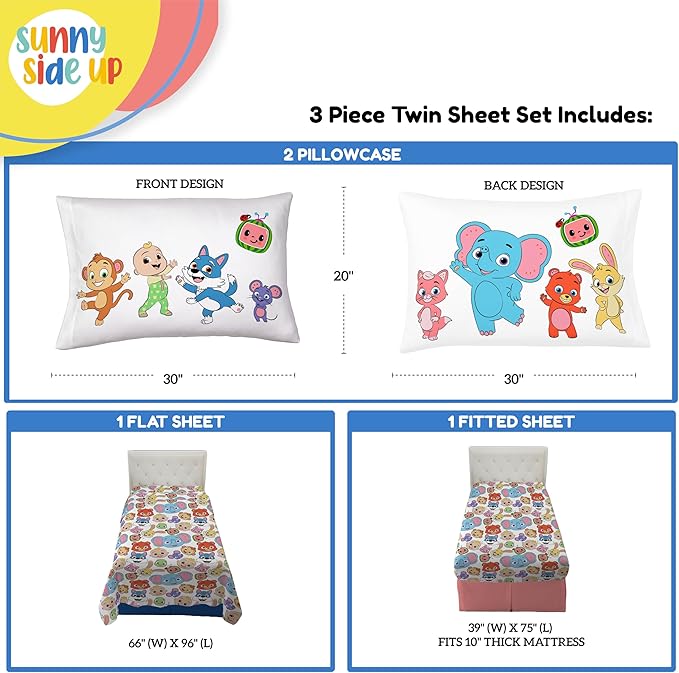 Sunny Side Up CoComelon Twin Size Sheeet Set - 3 Piece Kids Animals Bedding Set Includes Pillow Cover - Super Soft Microfiber Sheets