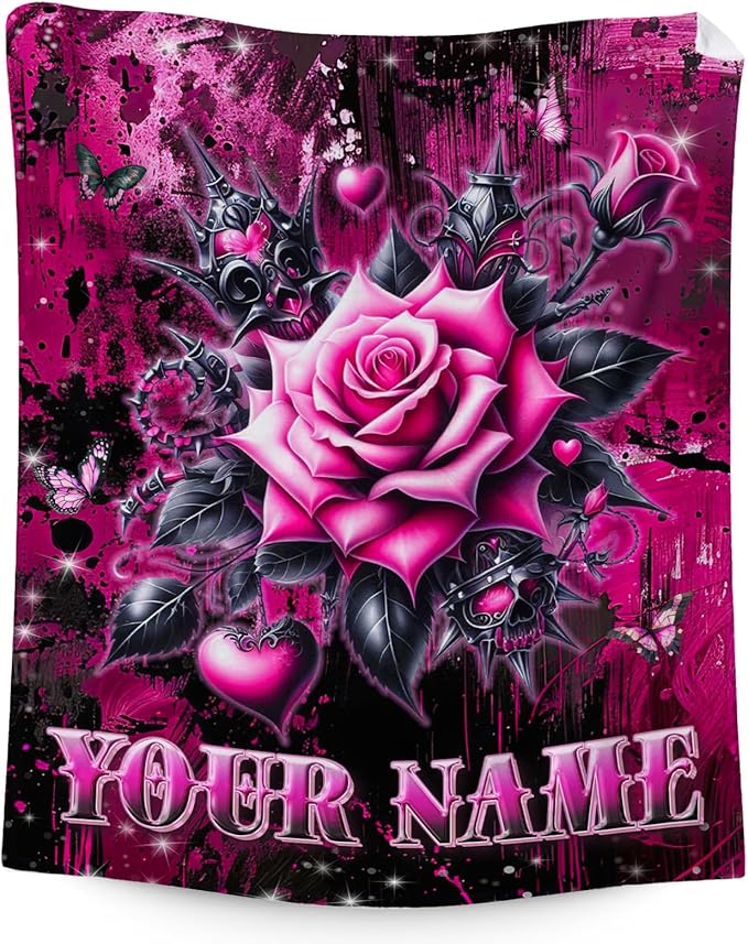 Personalized Rose Blanket - 30" x 40" Flower Gifts for Girls, Kids - Black Flannel Throw Stuff for Sofa, Travel