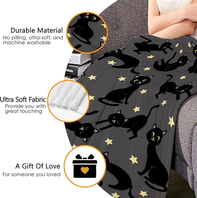 Thuswarm Cats and Stars in The Dark Flannel Throw Blanket Warm Cozy Soft Funny Print Blankets for Bed Couch Sofa Room Decoration Gifts 60”×50” Medium for Teen
