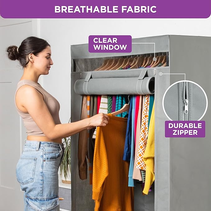 HOLDN’ STORAGE Portable Wardrobe Closet - 50 lb Capacity, Internal Heavy Duty Metal Rod, Zipper & Clear Window, Durable Clothes Organizer, Tool-Free Easy Assembly, Dark Gray Canvas Cover