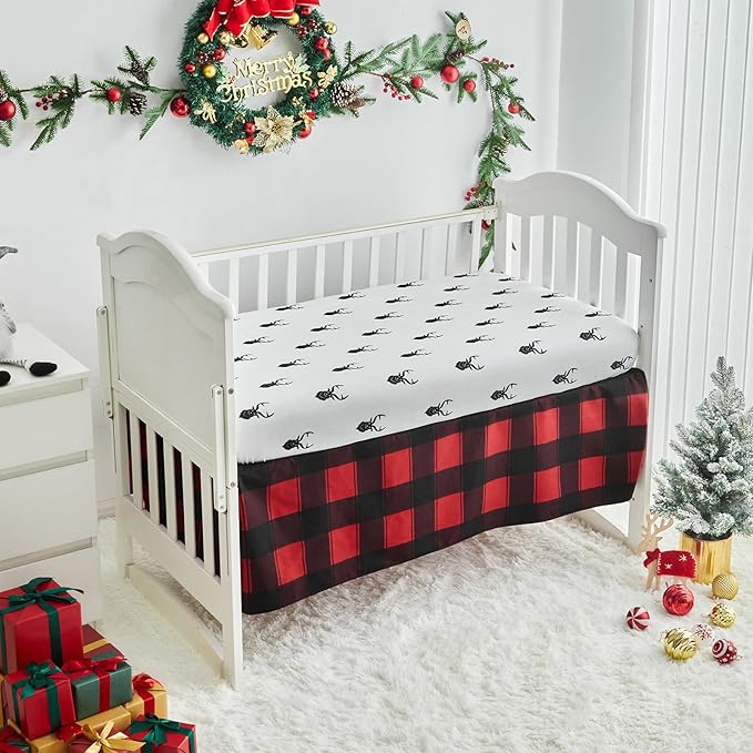 Christmas Gray Crib Bedding Set 3 Pieces New Year Style Quilted Plaid Comforter with Fitted Sheet and Bed Skirt - Cute Snowman Tree Deer Red Black Design Baby Crib Bed Set