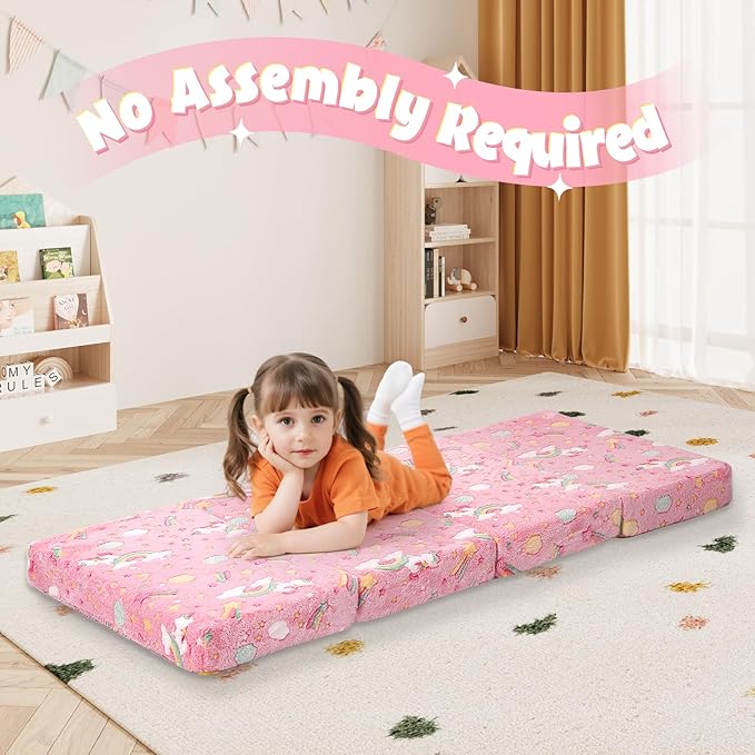 MeMoreCool Foldable Floor Mattress for Kids, Glow Toddler Nap Mat for Sleeping and Daycare, Portable Trifold Futon Mattress Floor Bed, Unicorn