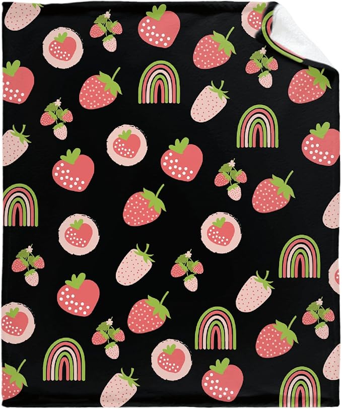 Thuswarm Cute Pink Strawberry Rainbow Flannel Throw Blanket Warm Cozy Soft Funny Print Blankets for Bed Couch Sofa Room Decoration Gifts 50"×40" Small for Kid