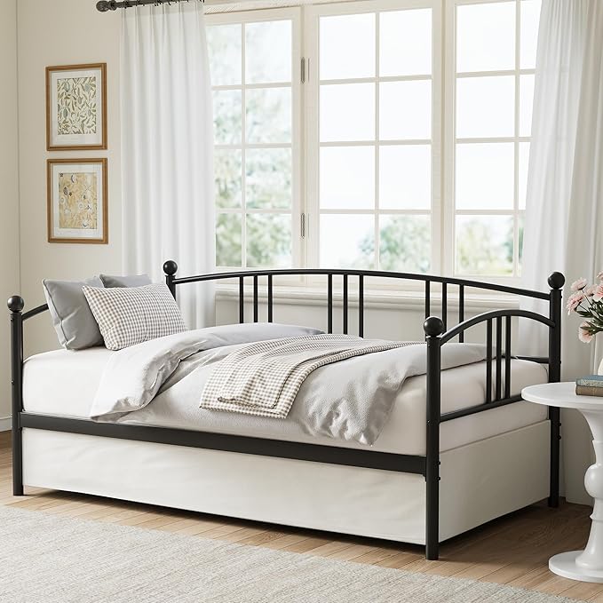 GarveeHome Twin Daybed, Sturdy Metal Day Bed with Steel Slat Support, Arched Headboard Sofa Bed for Living Room, Bedroom and Guest Room, Black