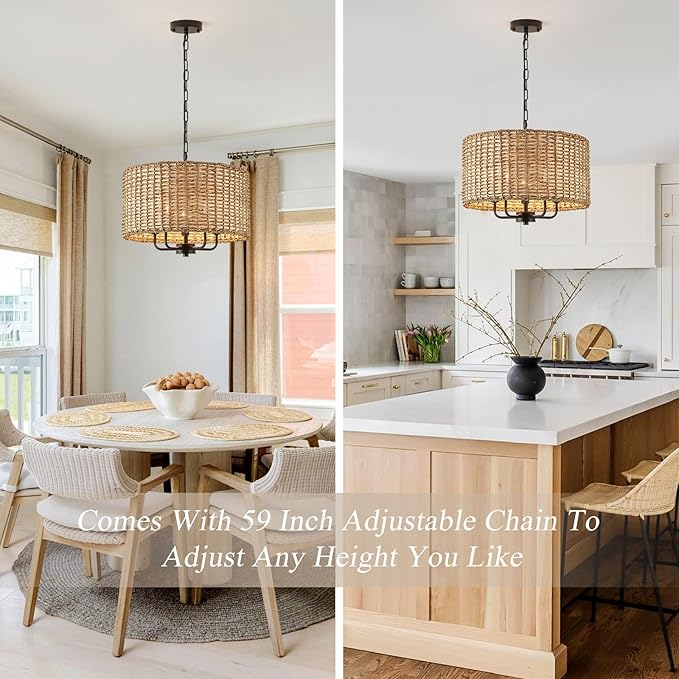 5 Lights Chandeliers 18" Rattan Light Fixture with Drum Woven Shade, Boho Chandelier for Kitchen Island,Entryway,Over Table,Hallway(Ceiling Hanging Mounted Wicker Light Fixture)