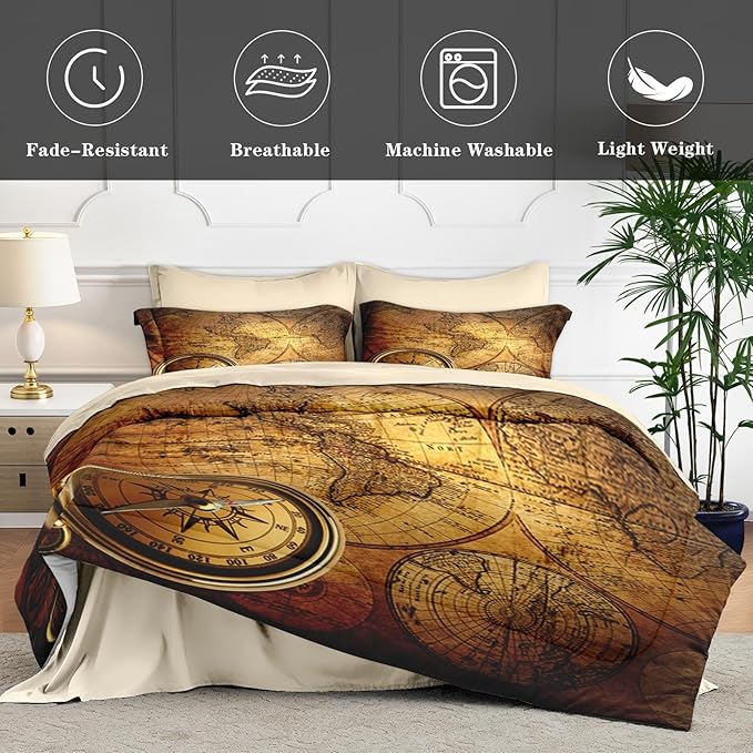 5 Pcs Twin Size Comforter Set with Pillowcase & Sham, Vintage World Map Bedding for Kids and Adults, Retro Nautical Compass Bed in a Bag with Flat Fitted Sheet