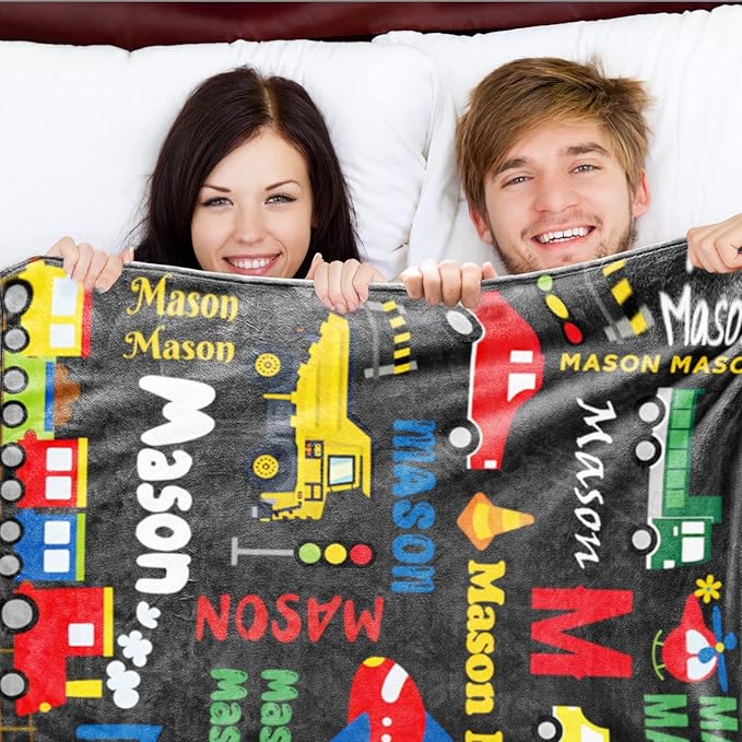 Personalized Blanket with Name for Boys, City Car Transport Custom Name Blanket, Soft Flannel Toddler Blankets Customized Gift for Newborn Baby Shower Birthday-60 x80