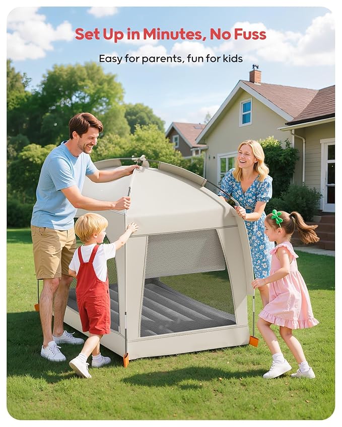 QPAU Inflatable Toddler Travel Bed with Tent – Lightweight Blow Up Kids Air Mattress with Hand Pump – Indoor & Outdoor Portable Sleeping Solution for Camping, Travel, Home, Grandma’s – Ages 3+