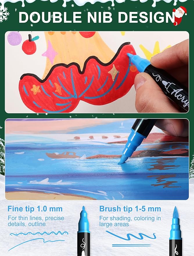 30 Colors Acrylic Paint Pens Markers Waterproof Dual Tip Acrylic Marker Set Brush & Fine Tip Stocking Stuffers Rock Wood Fabric Glass Ceramic Markers Christmas Gifts for Teens DIY Crafts