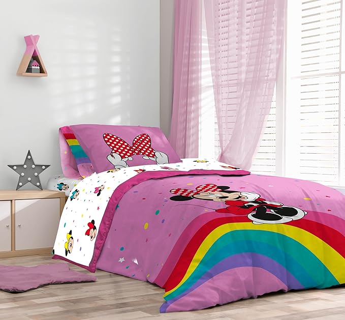 Sunny Side Up Disney Minnie Mouse Twin Comforter Set â€“ 5 Piece Kids Bedding Includes Comforter, Sheets & Pillow Cover â€“ Super Soft Rainbow Dots Microfiber Bed Set