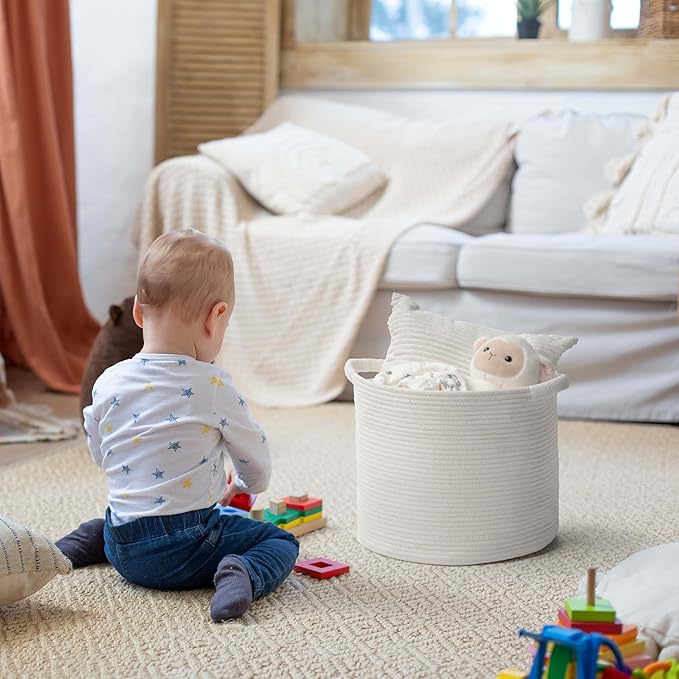 Blanket Basket - Woven Round Rope Storage Basket (16"Wx14"H) for Blankets & Throws, Small Laundry & Toy Organizer, Decorative Living Room & Bedroom Cotton Basket - All White