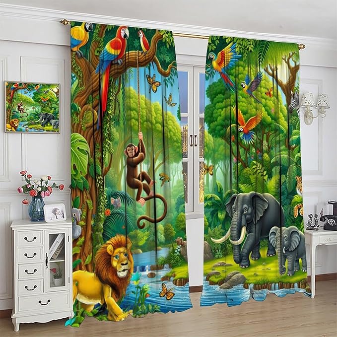 Animals Window Curtain Cartoon Jungle Forest Elephant Lion Print Curtains for Kids Boys Girls Nursery Baby Bedroom Playroom Home Decor Window Drapes 42" W X 63" L