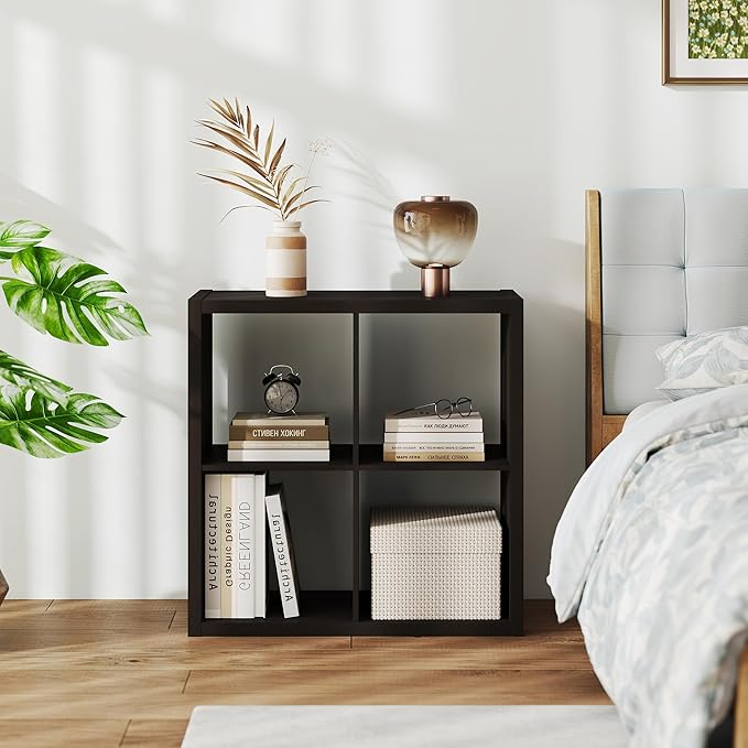 4 Black Cube Storage Organizer, 14.6" x 30" x 30" Wooden Cube Storage Organizer with Four Organized Spaces, 2 x 2 Closet Cubbies for Bedroom, Living Room, Playroom, Dark Brown