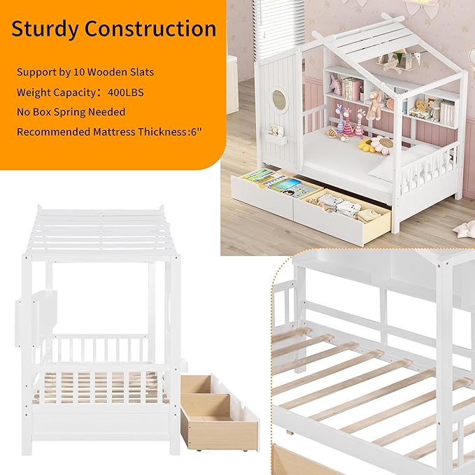 Linique Wooden Full Size House Bed with 2 Drawers and Storage Shelf,Full Platform Bed Frame with Pitched Roof,White