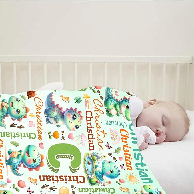 Personalized Custom Green Dinosaur Preschool Blanket Gifts for Baby Toddler Kids Boys Girls - Customized Green Dinosaur Super Soft Flannel Sheets Decor for Crib Nap Couch - 30"x40" for Baby/Pets