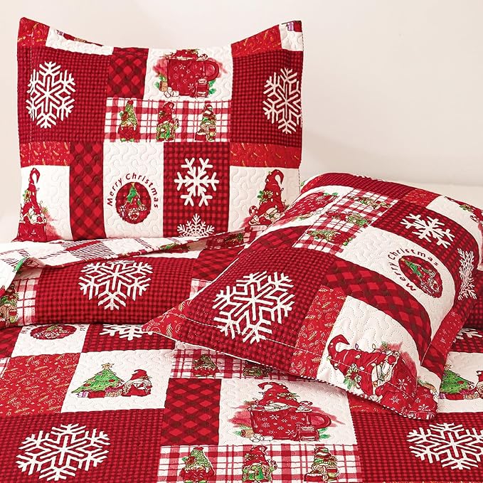 Christmas Quilt Set Queen Size Bedding - Red Plaid Xmas Bedspread With Gnome Decor, Holiday Lightweight Reversible Quilt