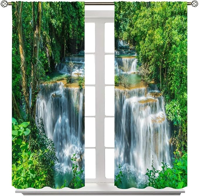 Scenic Nature Blackout Curtains, Natural Falls Landscape Forest Tree Waterfall Scenery Window Drapes, for Bedroom Living Room 42" W X 54" L