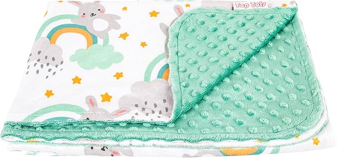 Top Tots Deluxe Minky Baby Blanket - Rabbits on Rainbows, 40 x 29 Inch Mint