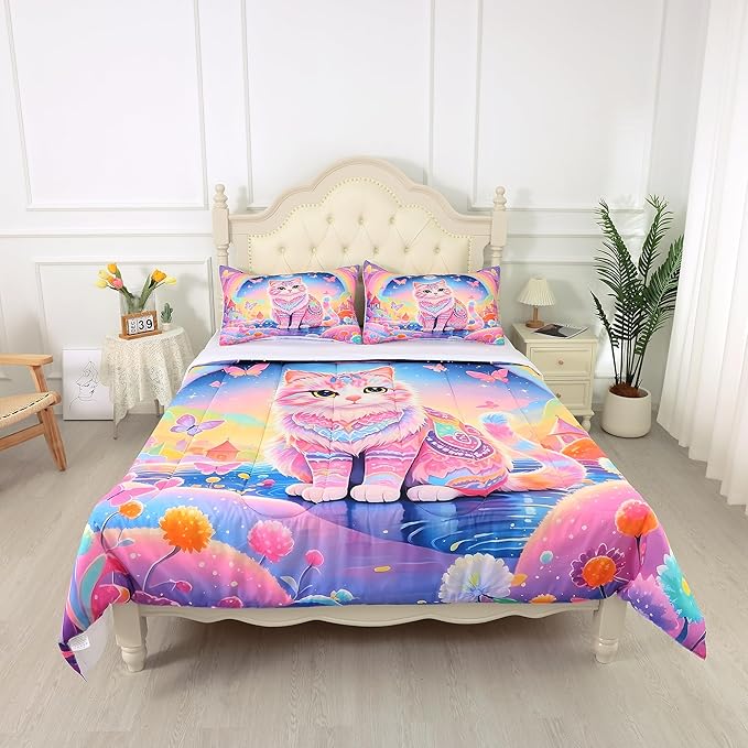 Rainbow Cat Bedding Set: King Size Cat Print Comforter Set Ethnic Kitten Castle Quilts for Women Adults Teens Couple Colorful Feline Butterflies Floral Pet Bed Set 3 Piece