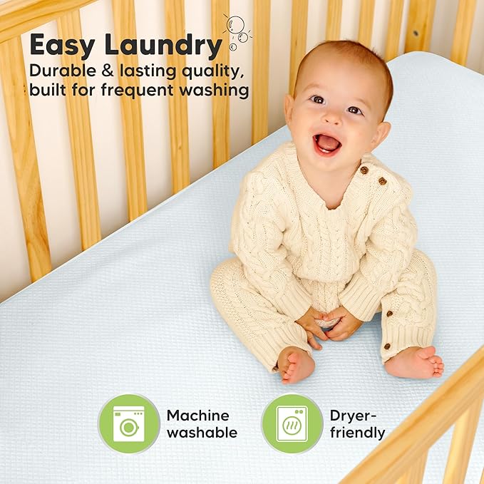 Waterproof Crib Mattress Protector Cover Fitted - 2-Pack Quiet Baby Crib Mattress Pad Sheets, 52" x 28" Soft Quilted Cotton Baby Sheet, Machine Washable, Easy Fit, Durable (Glacier/Quin)