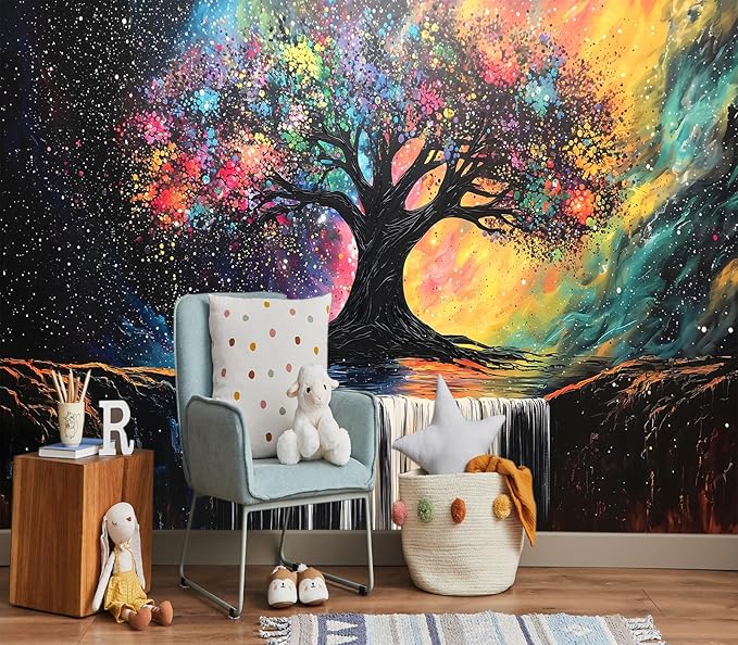 XMPMBM-Tree of Life Forest backsplash Large Decorative Wallpaper Colorful Graffiti Tree Waterfall Bedroom Bathroom Wall Mural- W 154" X H 105"（112 Square Foot）