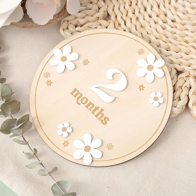 Wooden Baby Month Board - Round milestones Sign Set, Natural Grain Texture, laserr Engraved Letters, Eco Friendly Material | Adorable Monthly Wooden plaques for Baby Memory Nursery Decor