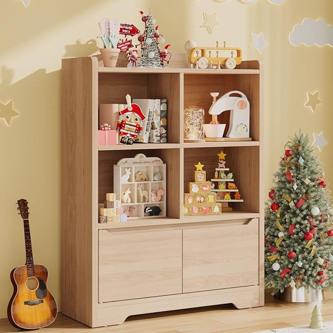 Kids Bookshelf and Toy Organizer, 2 Tier Kids Book Shelf for Kid Rooms with 2 Doors, 4 Cubes Storage Organizer,Wood Children Bookcase,Freestanding Toddler Book Display Shelf for Playroom