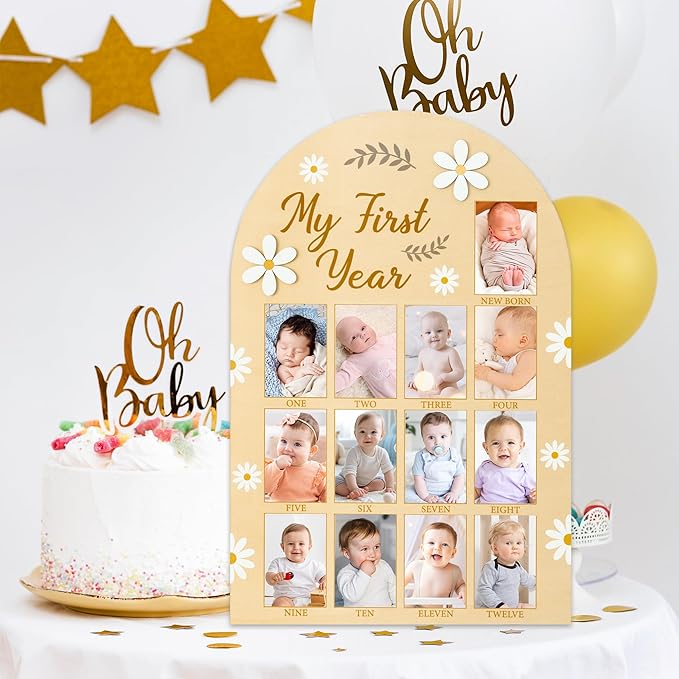 R HORSE My First Year Photo Display Wood Board, 3D Daisy Baby's First Year Picture Frame 12 Months Milestone Board Neutral Baby Keepsake Birthday Nursery Decor Gift for Boy Girl