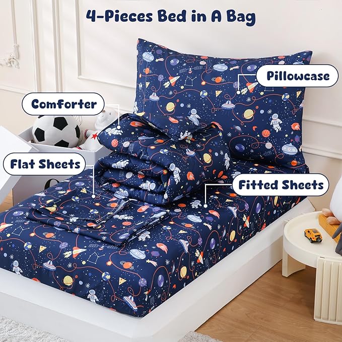 LONAVA Toddler Kids Comforter Set - 4 Pieces Toddler Bedding Sets for Boys Girls Children, Ultra Soft Microfiber Bed in A Bag with Flat Fitted Sheets, Space
