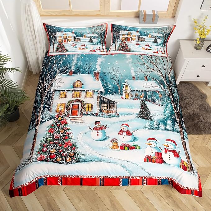 Manfei Christmas Duvet Cover Set Full Size, Cute Snowman Xmas Tree Bedding Set for Kids Boy Girls Room Decor, New Year Theme Comforter Cover, Lightweight Bedspread Cover, 2 Pillowcases, No Comforter